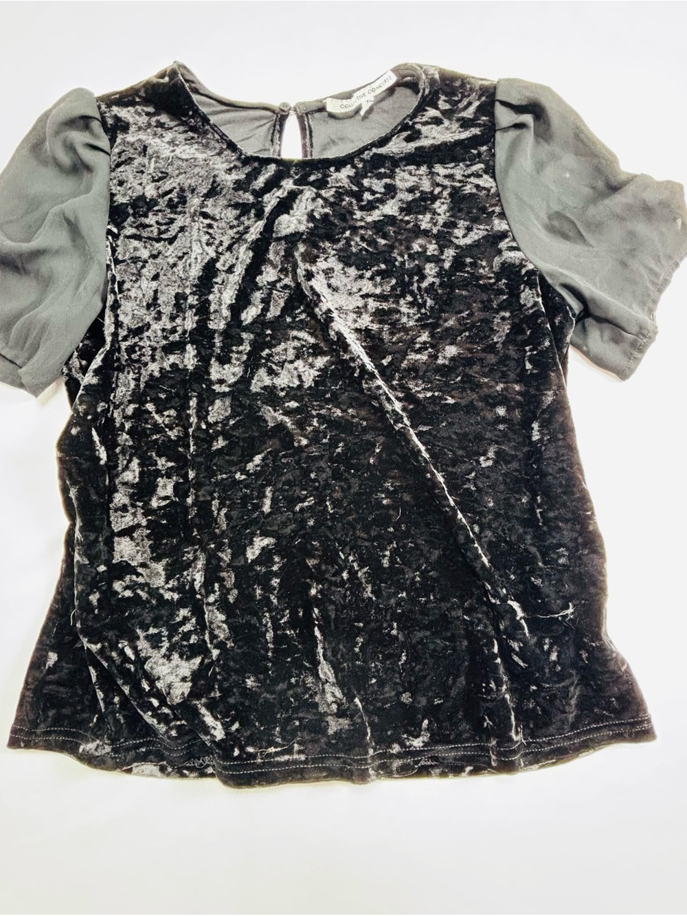 Velvet Short-Sleeve Blouse with Sheer Sleeves - Black W670